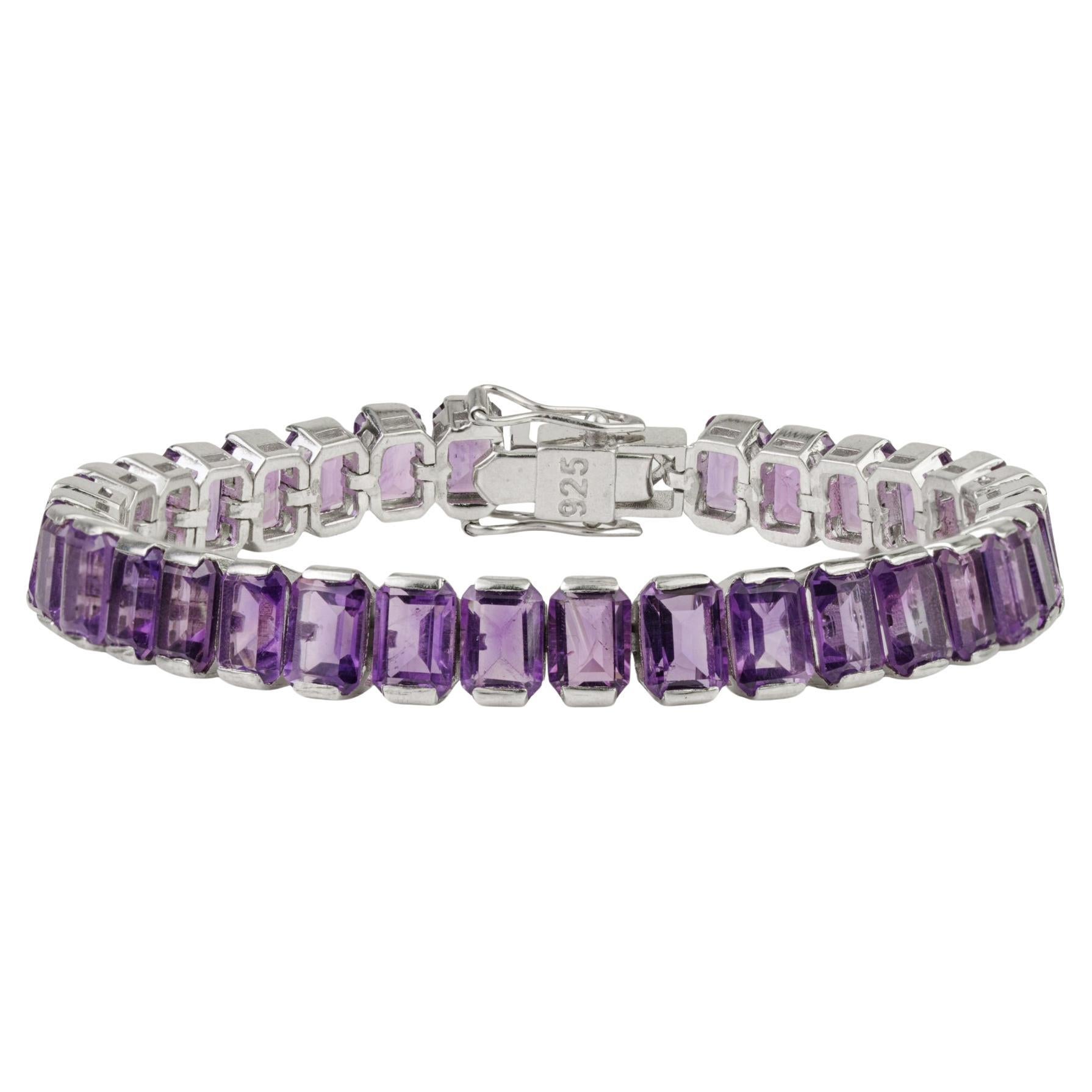 Silvorra Bold Natural Amethyst Step-Cut Tennis Bracelet in Solid Silver for Her