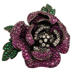 Silvorra Camellia Bloom Silver Brooch with White Green & Pink Cubic Zirconia
