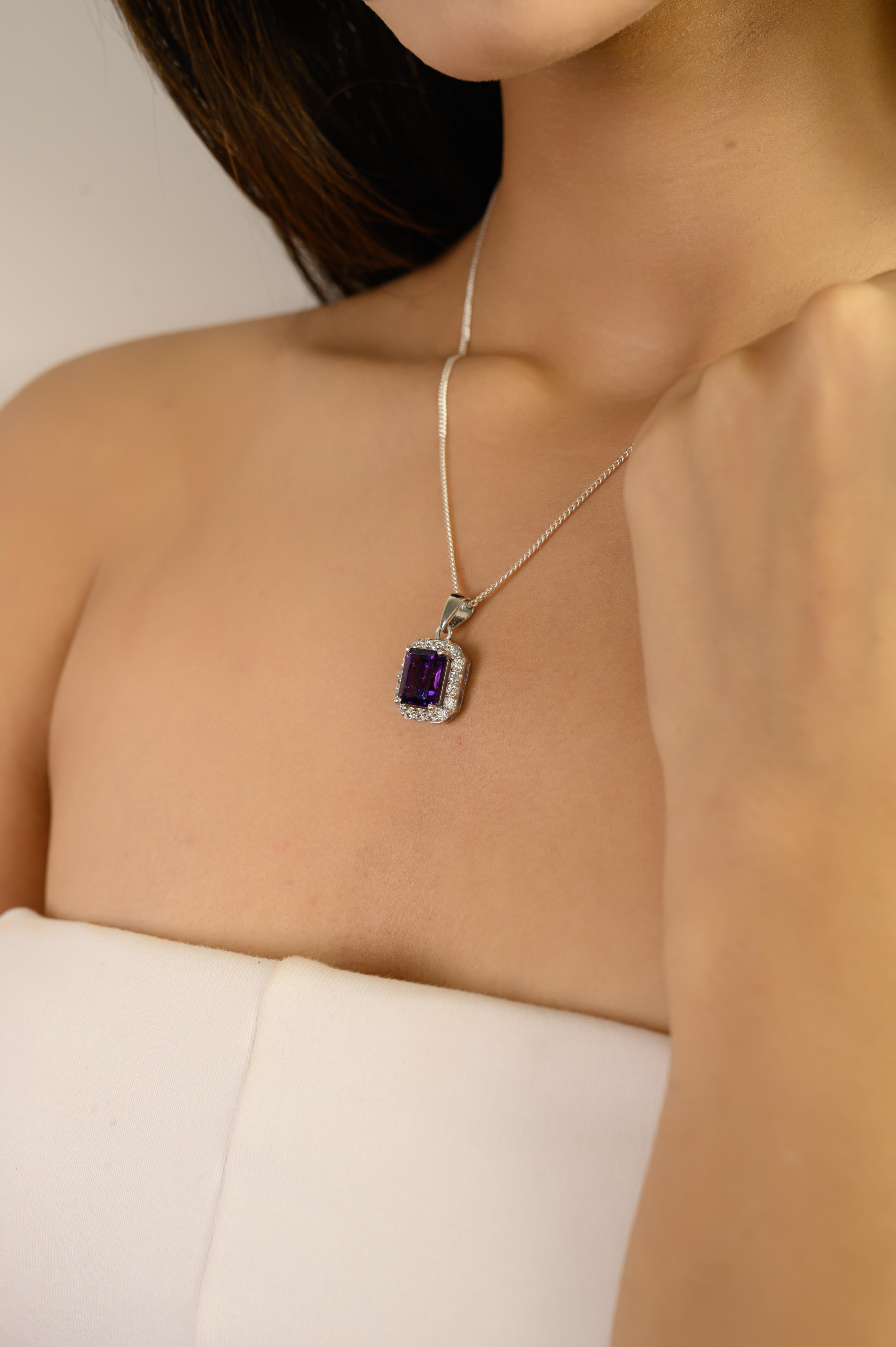 Silvorra Certified 4.65Ct Octagon Amethyst Halo Zircon Sterling Silver Pendant For Sale 4