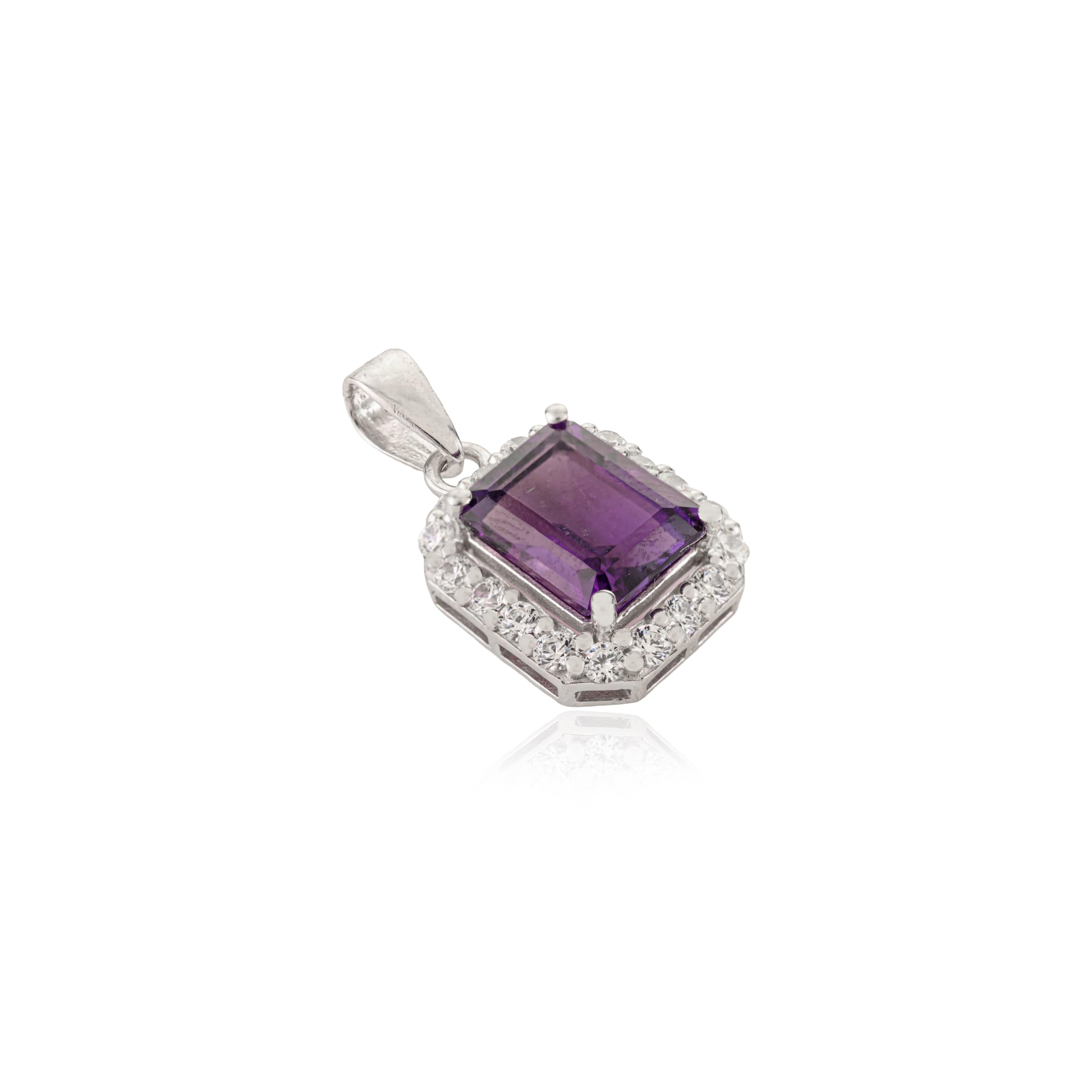 Art Deco Silvorra Certified 4.65Ct Octagon Amethyst Halo Zircon Sterling Silver Pendant For Sale