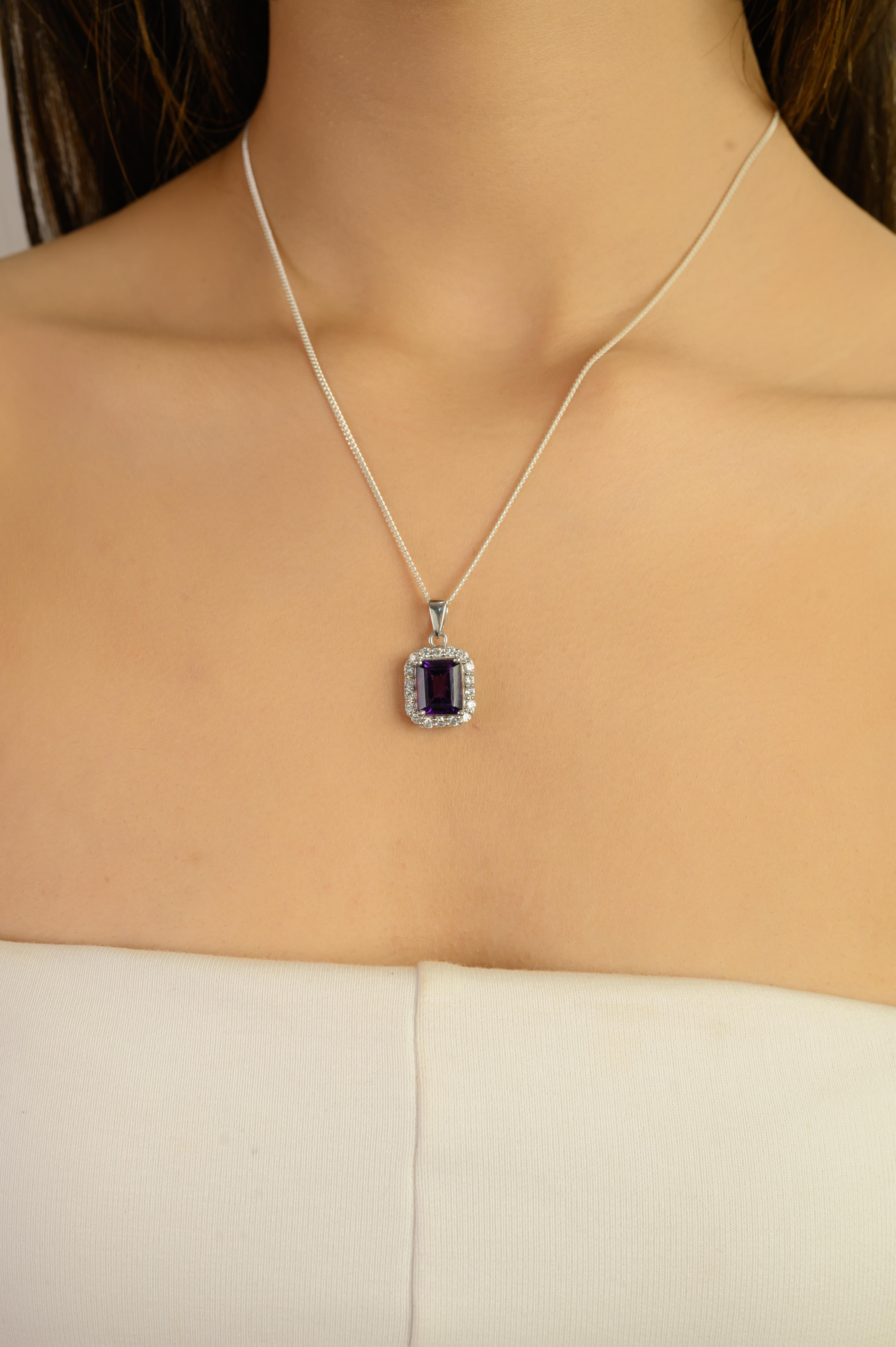 Octagon Cut Silvorra Certified 4.65Ct Octagon Amethyst Halo Zircon Sterling Silver Pendant For Sale