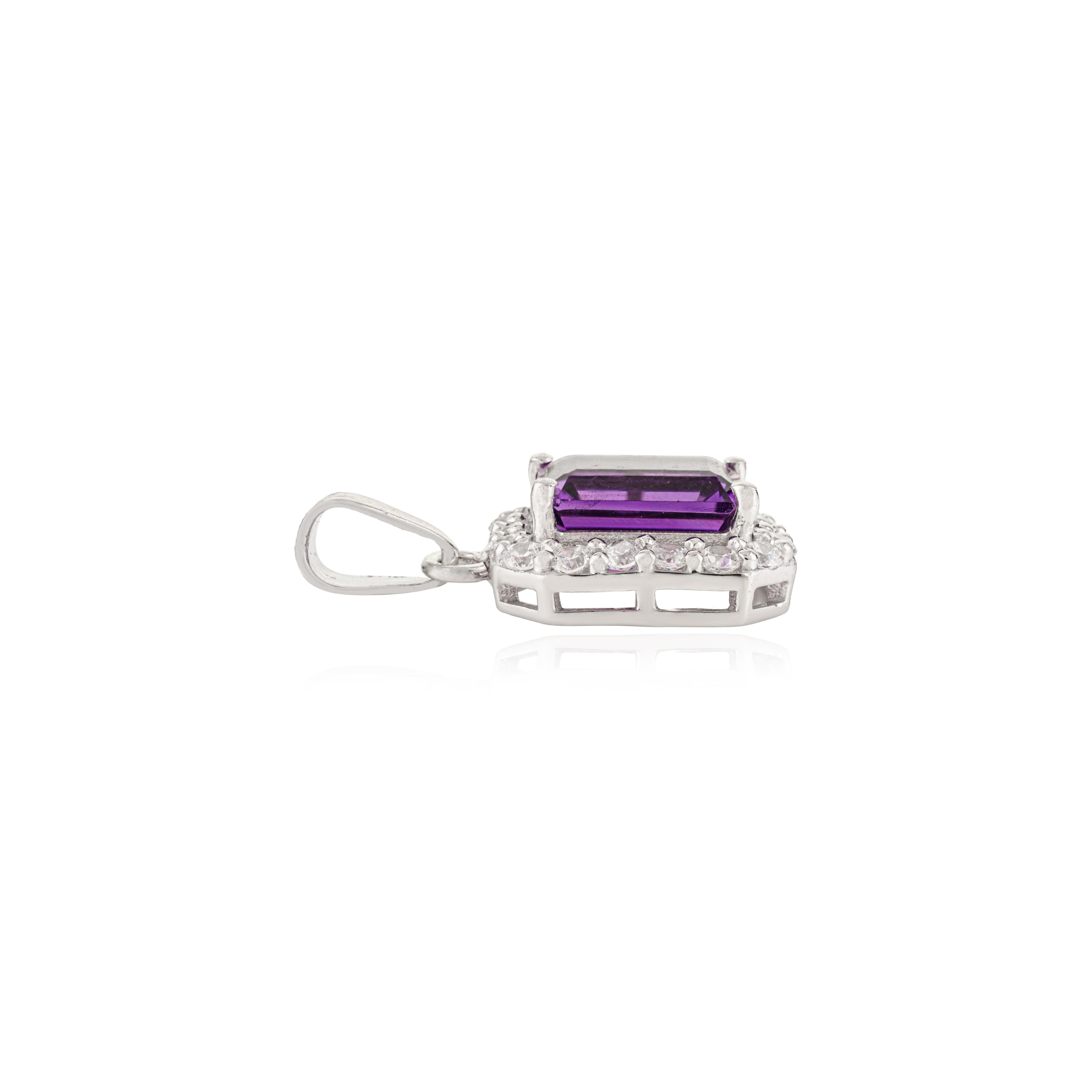 Silvorra Certified 4.65Ct Octagon Amethyst Halo Zircon Sterling Silver Pendant In New Condition For Sale In New York, NY