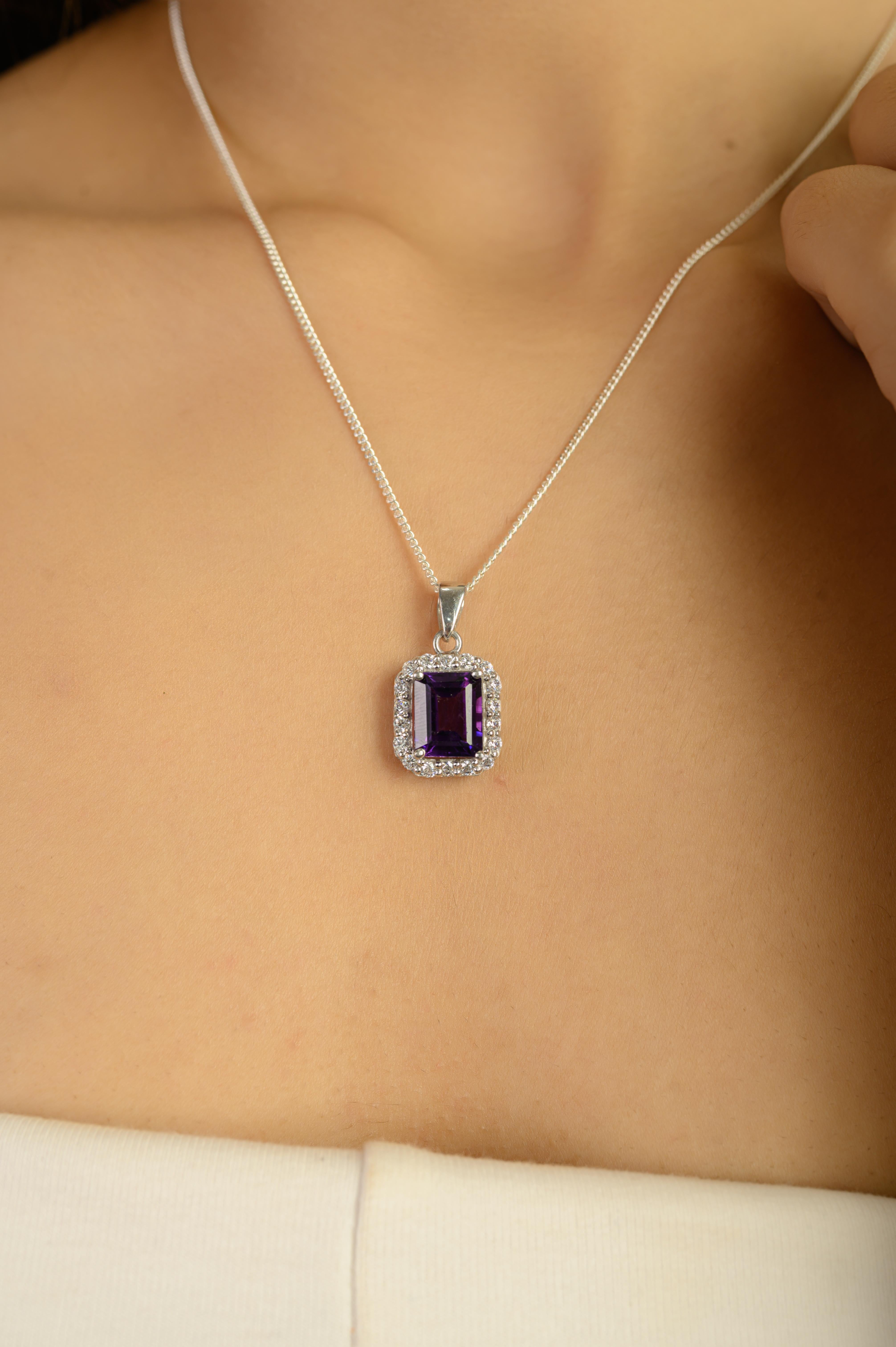 Women's Silvorra Certified 4.65Ct Octagon Amethyst Halo Zircon Sterling Silver Pendant For Sale