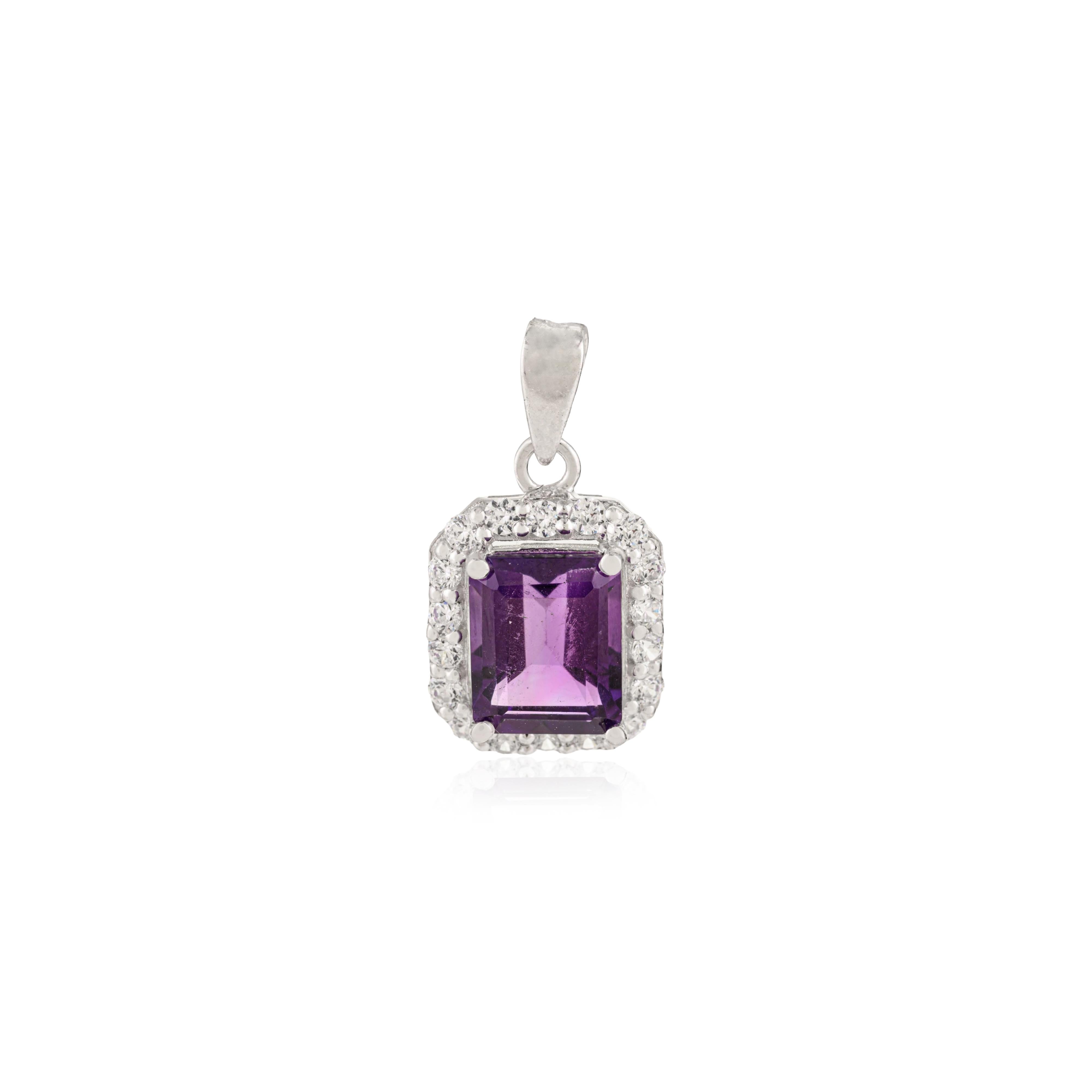 Silvorra Certified 4.65Ct Octagon Amethyst Halo Zircon Sterling Silver Pendant For Sale 1