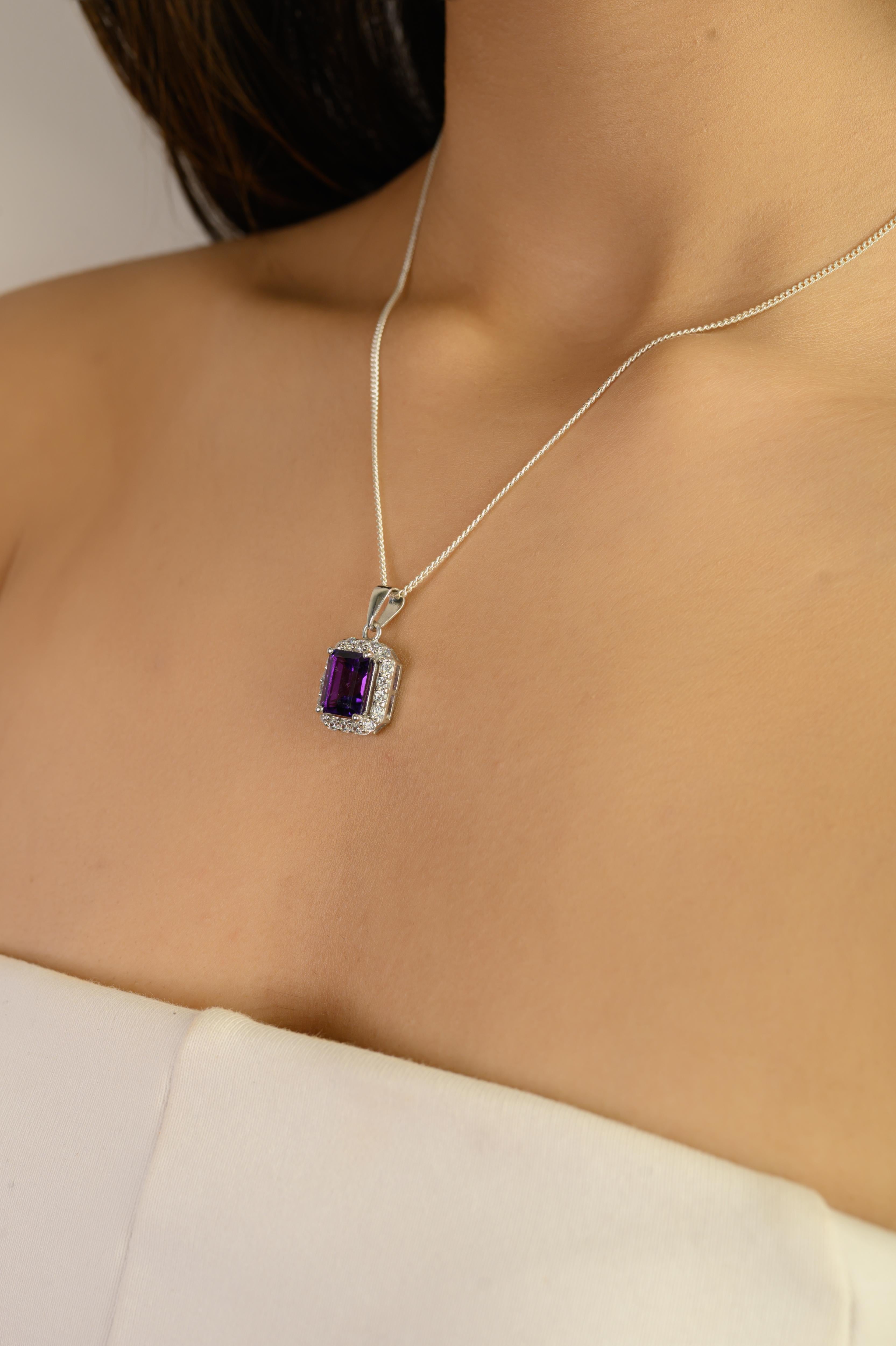 Silvorra Certified 4.65Ct Octagon Amethyst Halo Zircon Sterling Silver Pendant For Sale 2