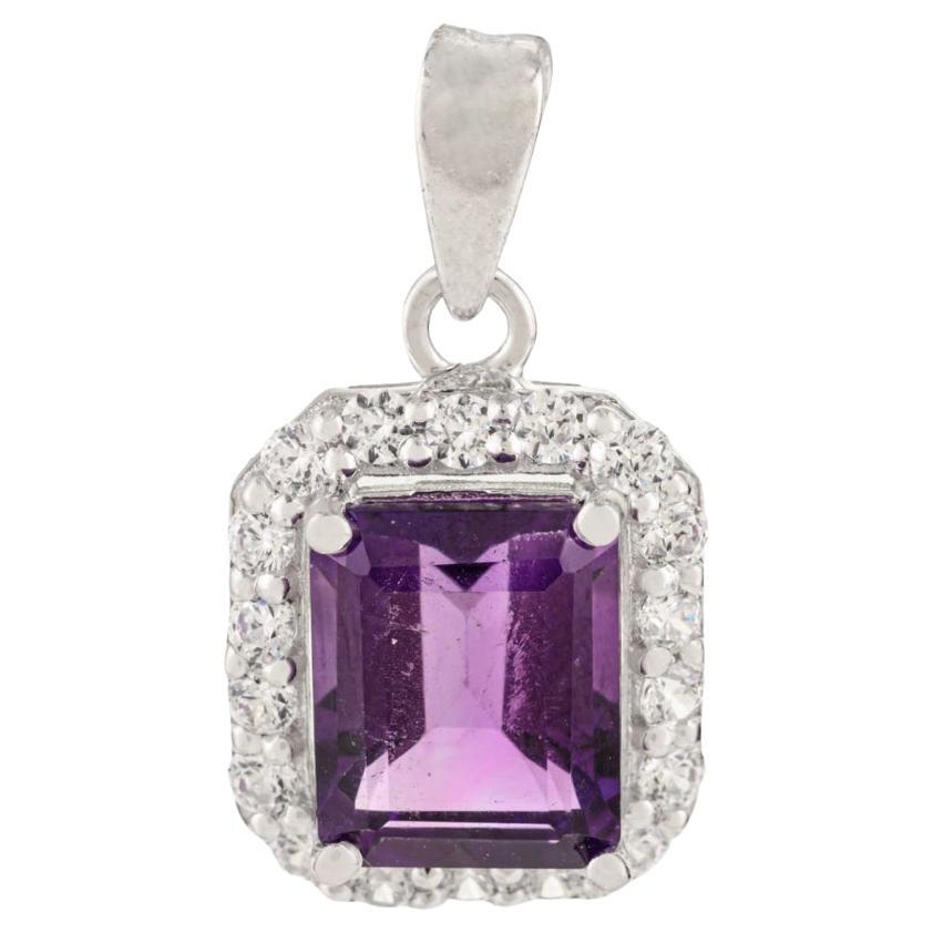 Silvorra Certified 4.65Ct Octagon Amethyst Halo Zircon Sterling Silver Pendant For Sale