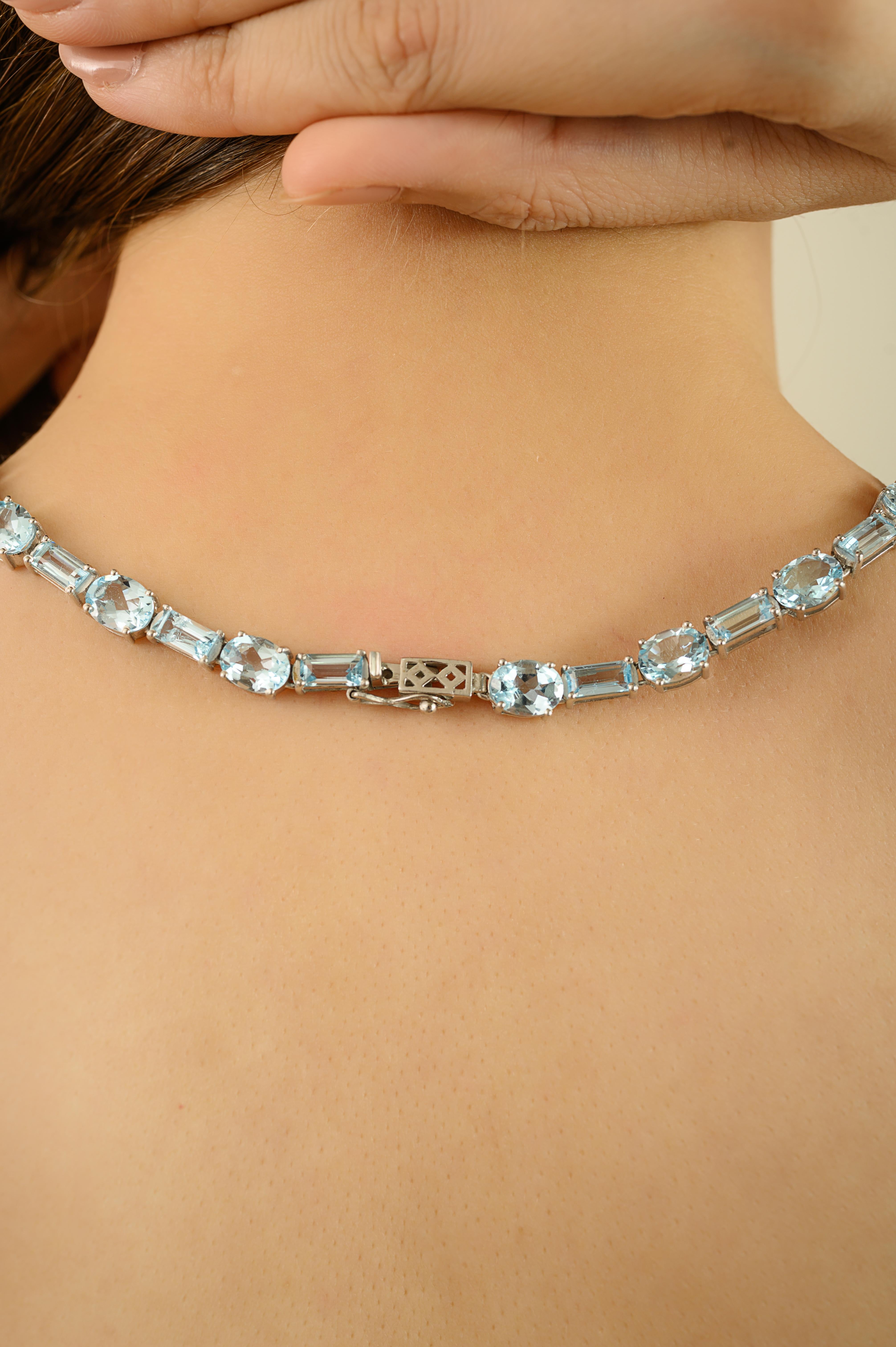 Collana lunga tennis in argento massiccio 925 certificata Silvorra da 66,15 carati di topazio blu in vendita 2