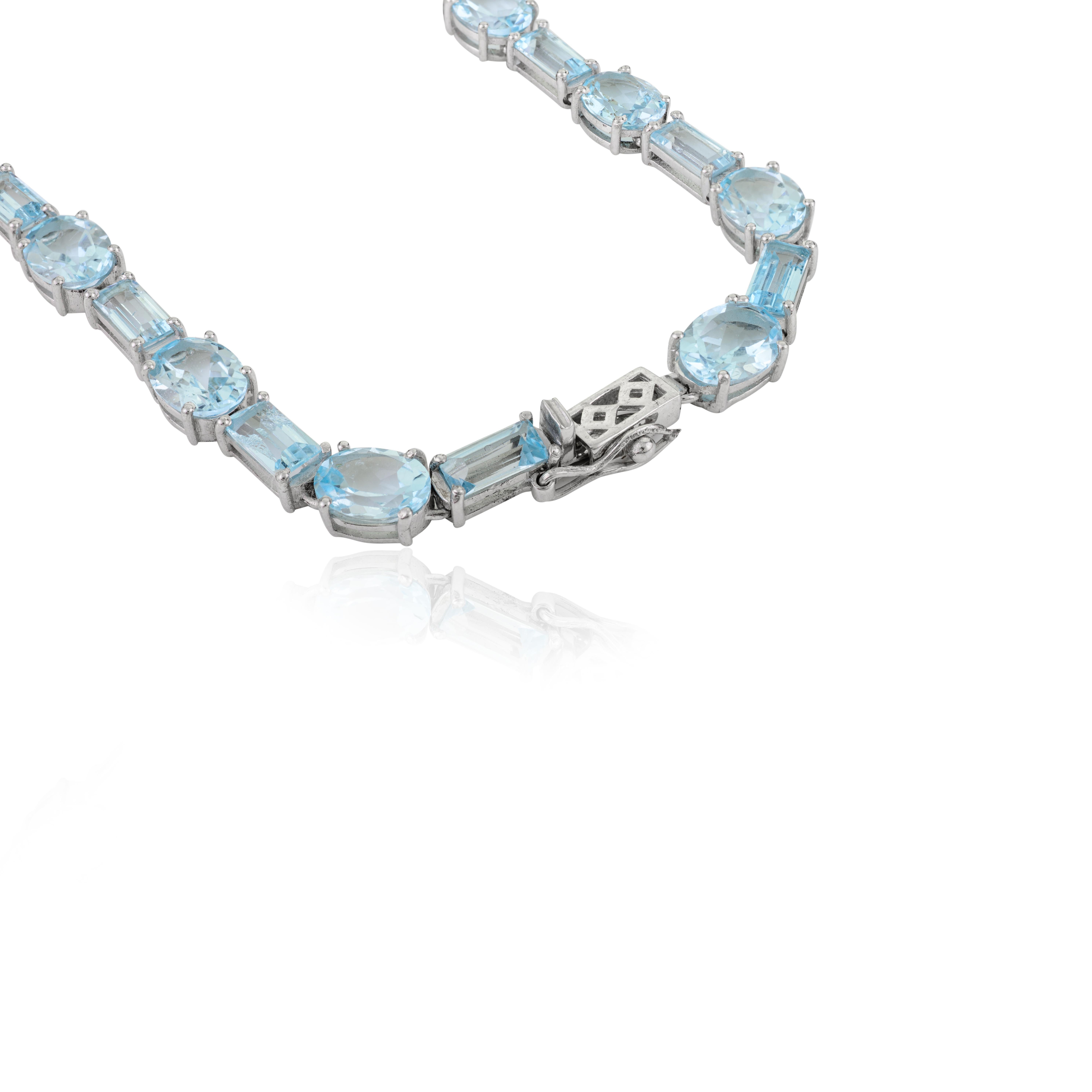 Collana lunga tennis in argento massiccio 925 certificata Silvorra da 66,15 carati di topazio blu in vendita 3