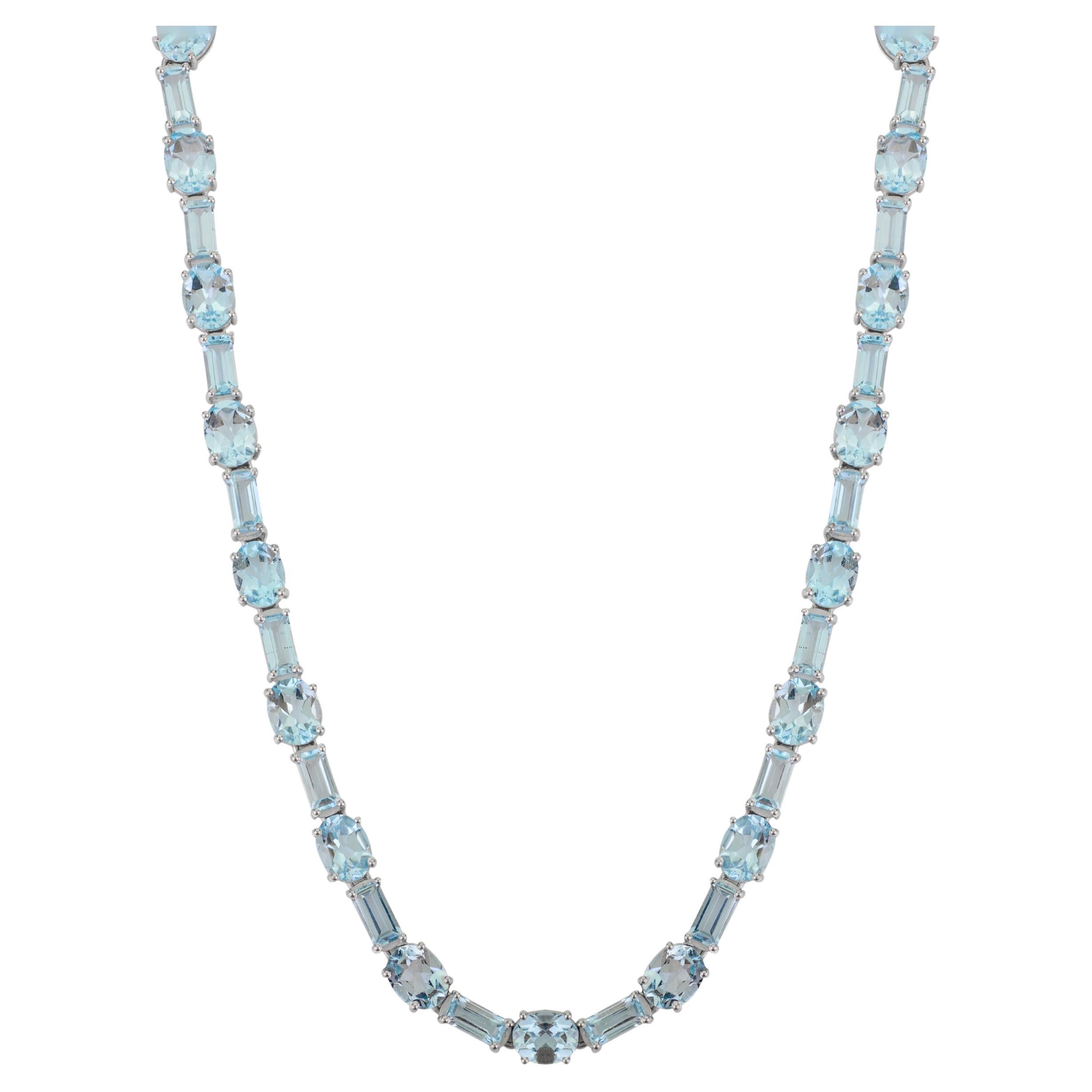 Collana lunga tennis in argento massiccio 925 certificata Silvorra da 66,15 carati di topazio blu in vendita