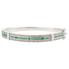 Silvorra Certified Emerald & Diamond Statement Hinged Bangle Bracelet 925 Silver