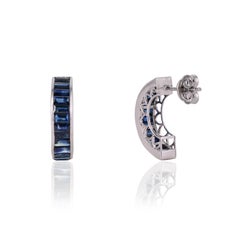Silvorra Channel Set Baguette Blue Sapphire J Hoop Earrings in Sterling Silver