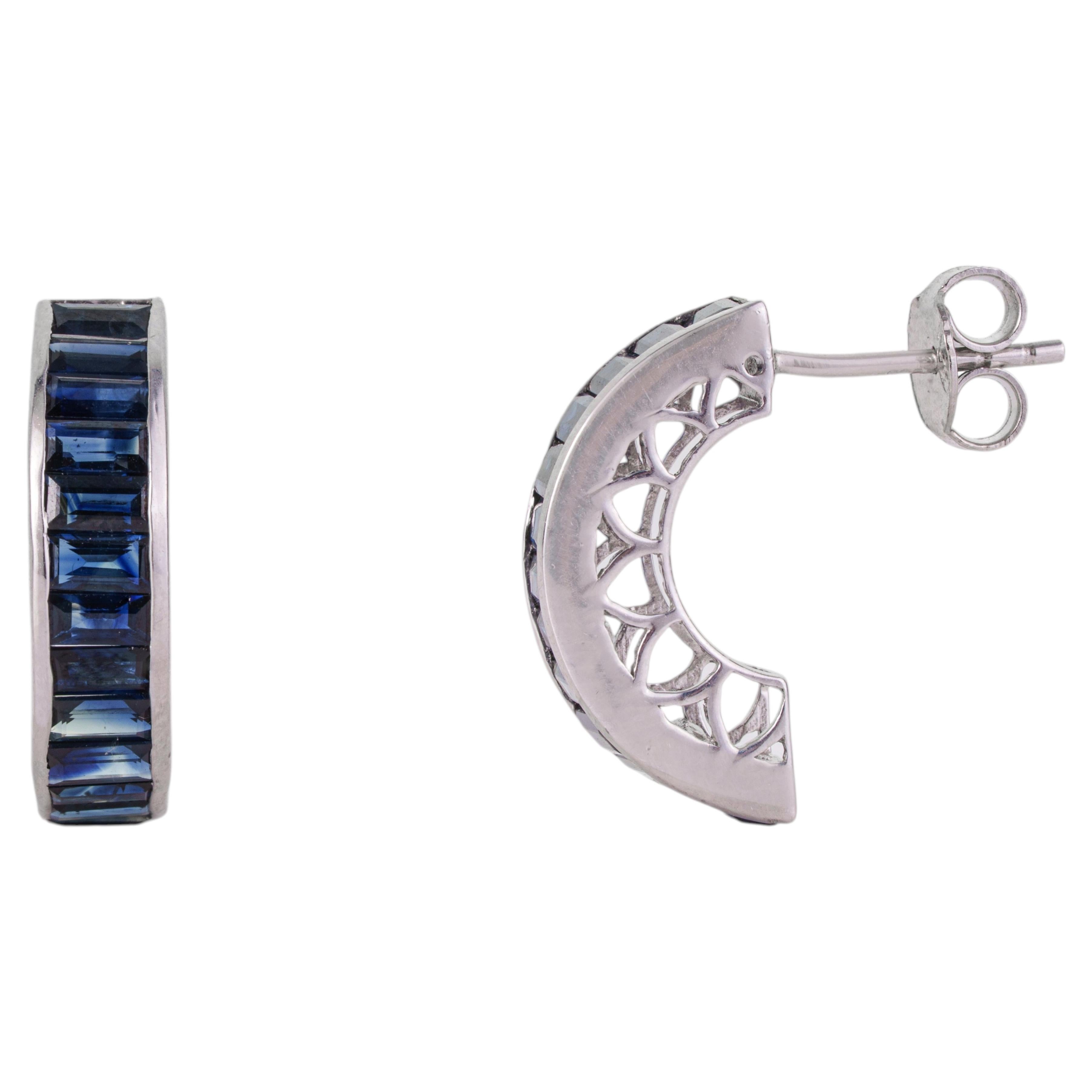 Silvorra Channel Set Baguette Blue Sapphire J Hoop Earrings in Sterling Silver For Sale