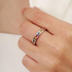 Silvorra Channel Set Natural Multi Sapphire Eternity Band Ring for Girlfriend