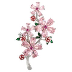 Silvorra Cherry Blossom Pink CZ & Enamel Floral Brooch in 925 Sterling Silver