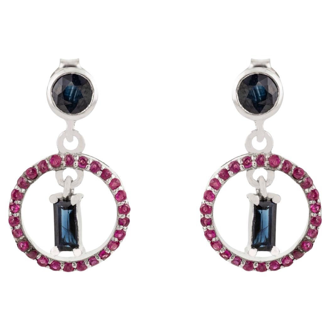 Silvorra Circular Halo Blue 
Pink Zircon Silver Drop Earrings Gift of Affection For Sale