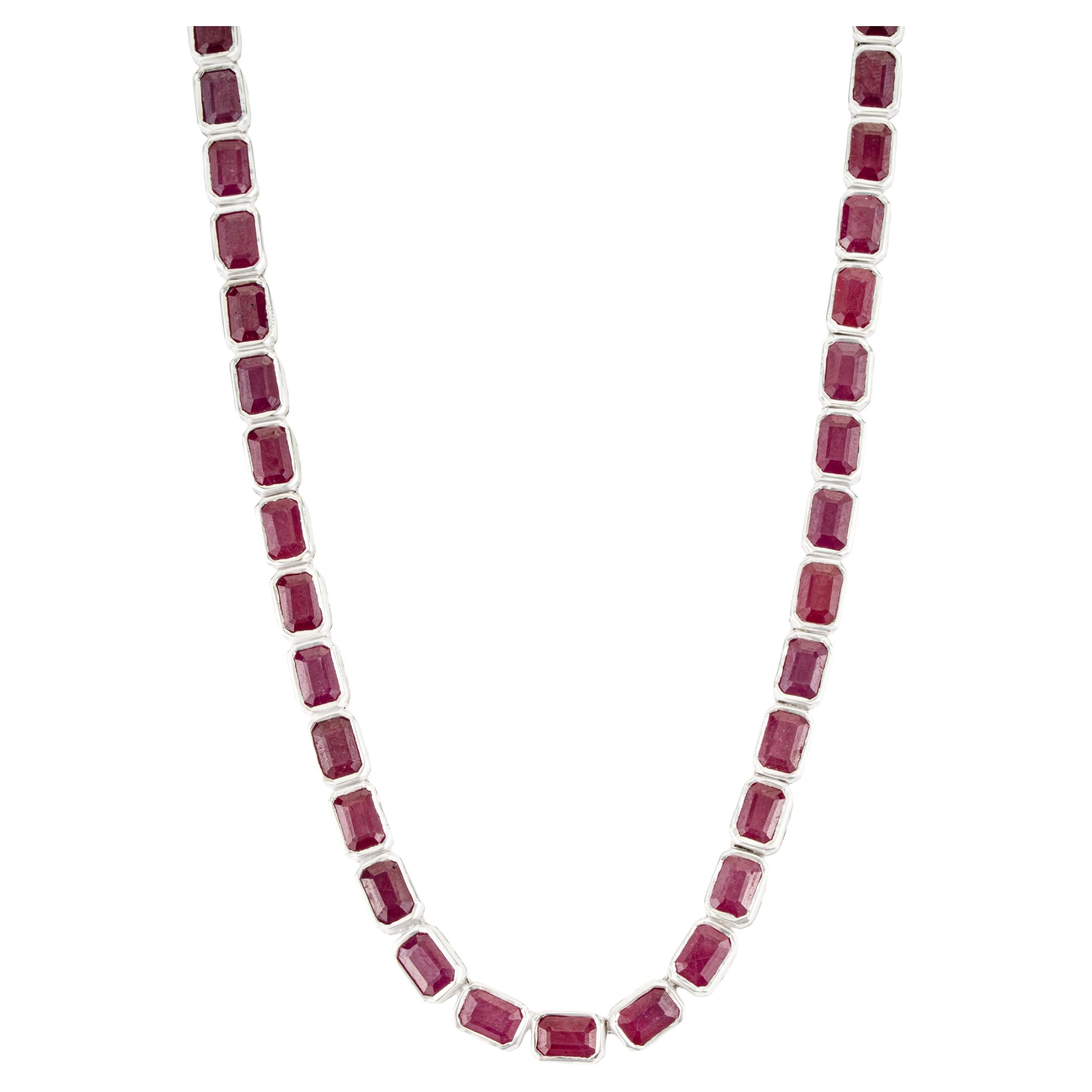 Silvorra Classic 40.41CT Natural Ruby Line Necklace for Women in 925 Silver For Sale