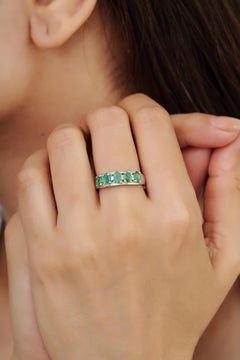 Silvorra Classic 925 Silver 1.38ct Emerald and Diamond Half Eternity Band Ring