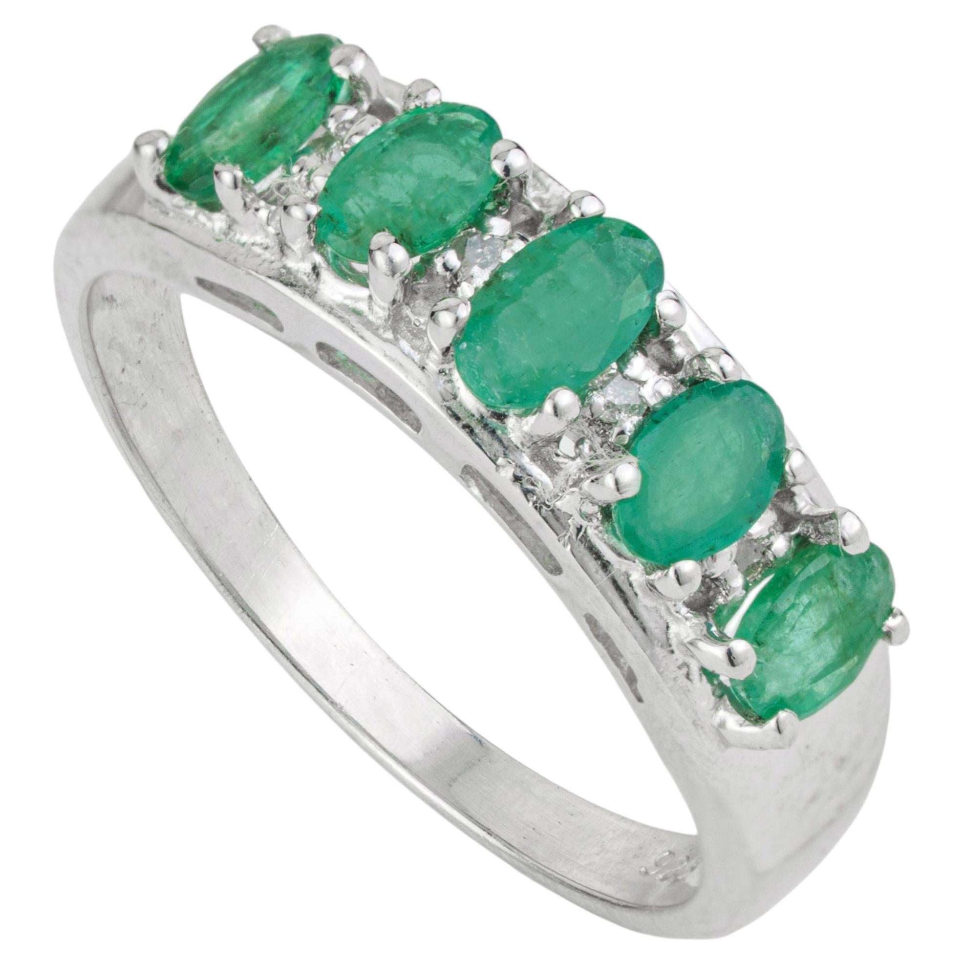 For Sale:  Silvorra Classic 925 Silver 1.38ct Emerald and Diamond Half Eternity Band Ring