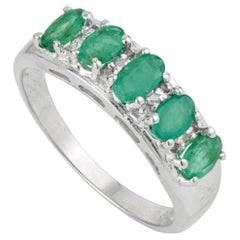 Silvorra Classic 925 Silver 1.38ct Emerald and Diamond Half Eternity Band Ring