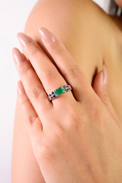 Silvorra Classic 925 Silver Cocktail Band with Emerald & Sapphires Ring for Her