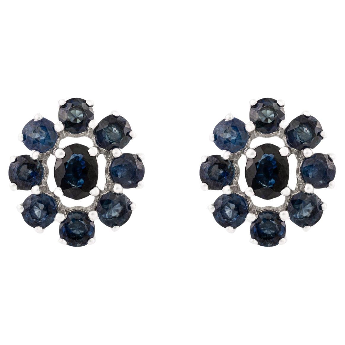 Silvorra Classic Blue Zircon 3.37ct Floral Cluster Silver Earrings Gift for Her