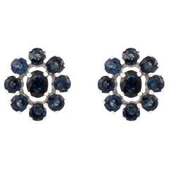 Silvorra Classic Blue Zircon 3.37ct Floral Cluster Silver Earrings Gift for Her