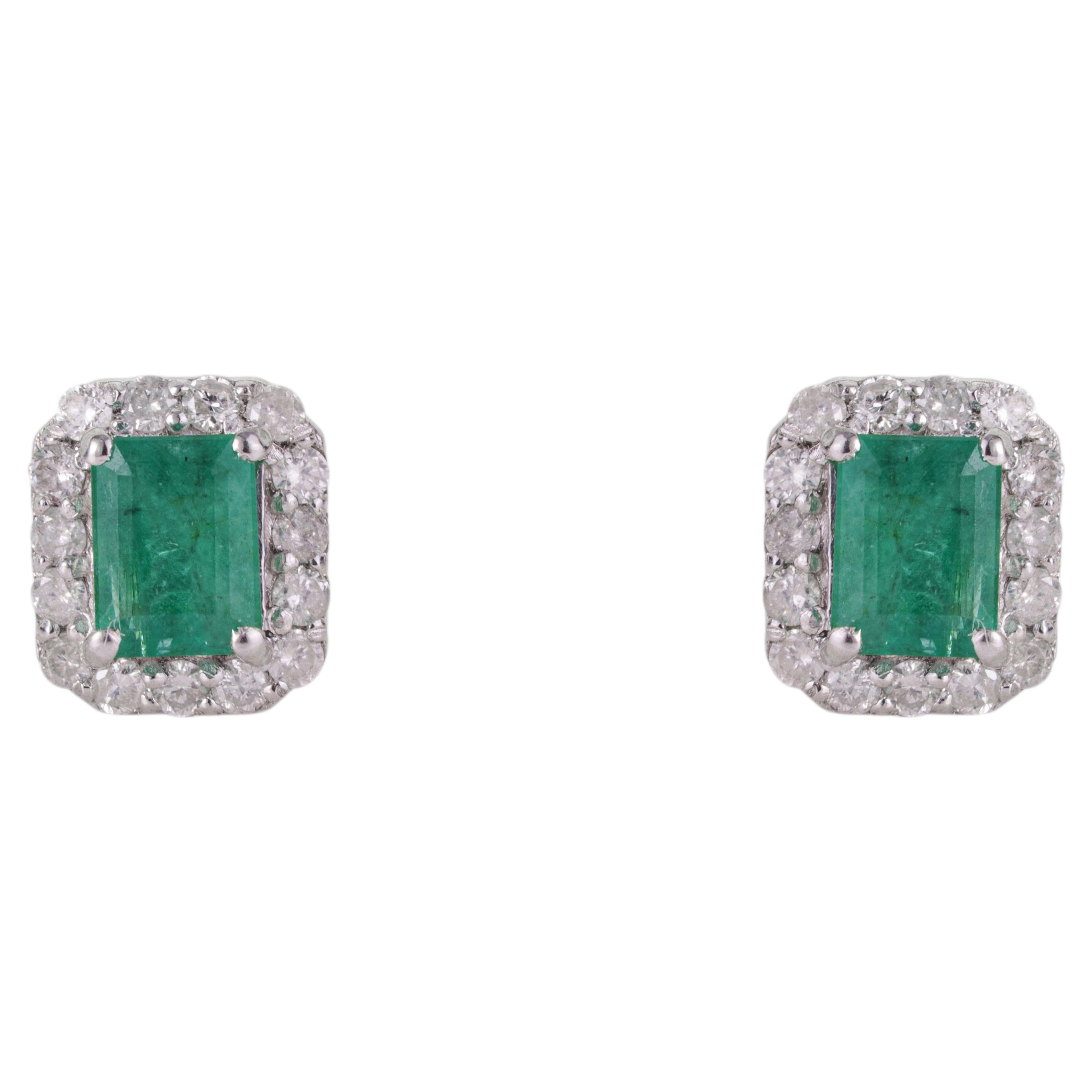 Silvorra Classic Emerald Studs With Diamond Halo in Sterling Silver Gift for her