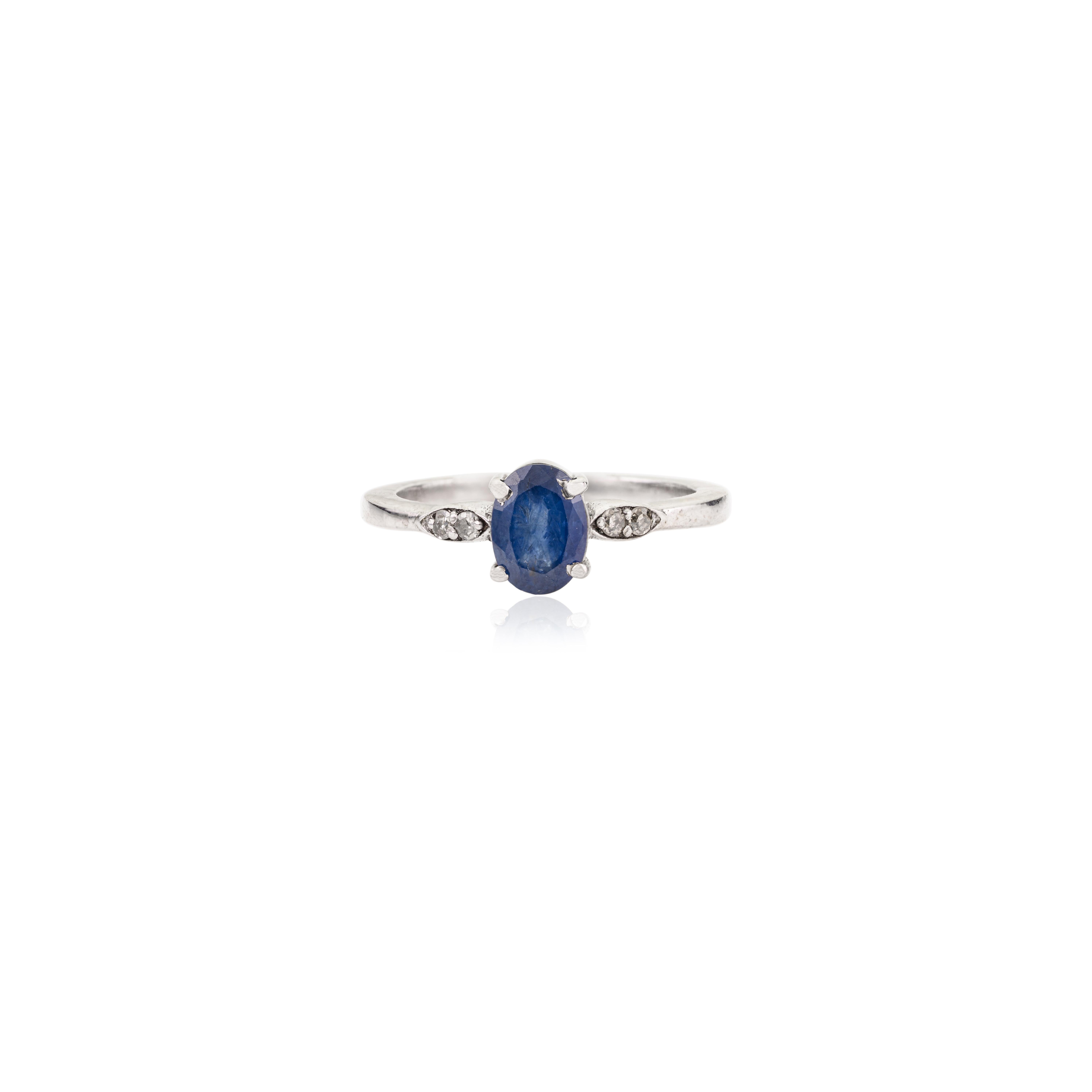 For Sale:  Silvorra Classic Four Prong Oval Cut Blue Sapphire Solitaire Ring with Diamond 7