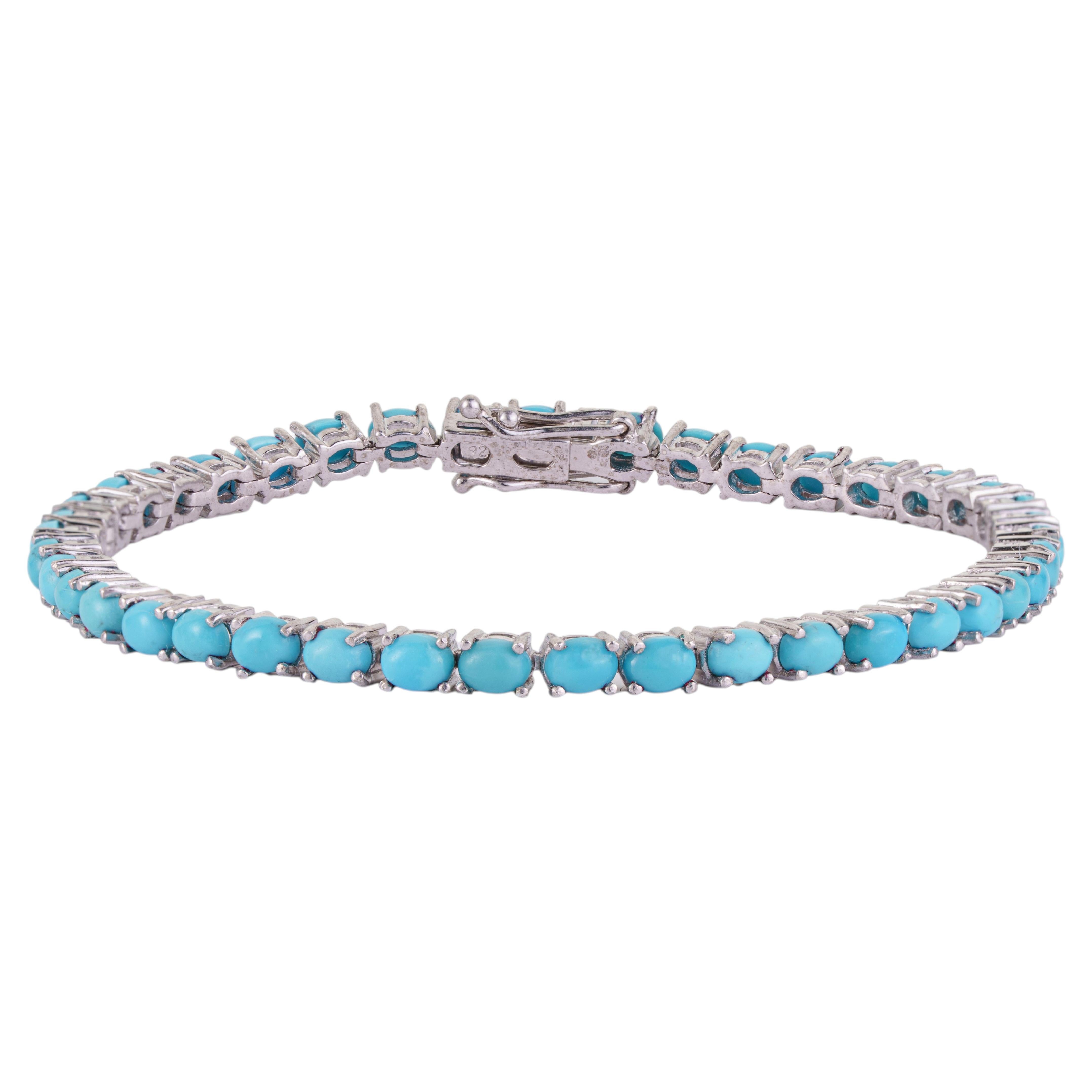 Silvorra Classic Oval Cut Turquoise Tennis Bracelet in 925 Sterling Silver