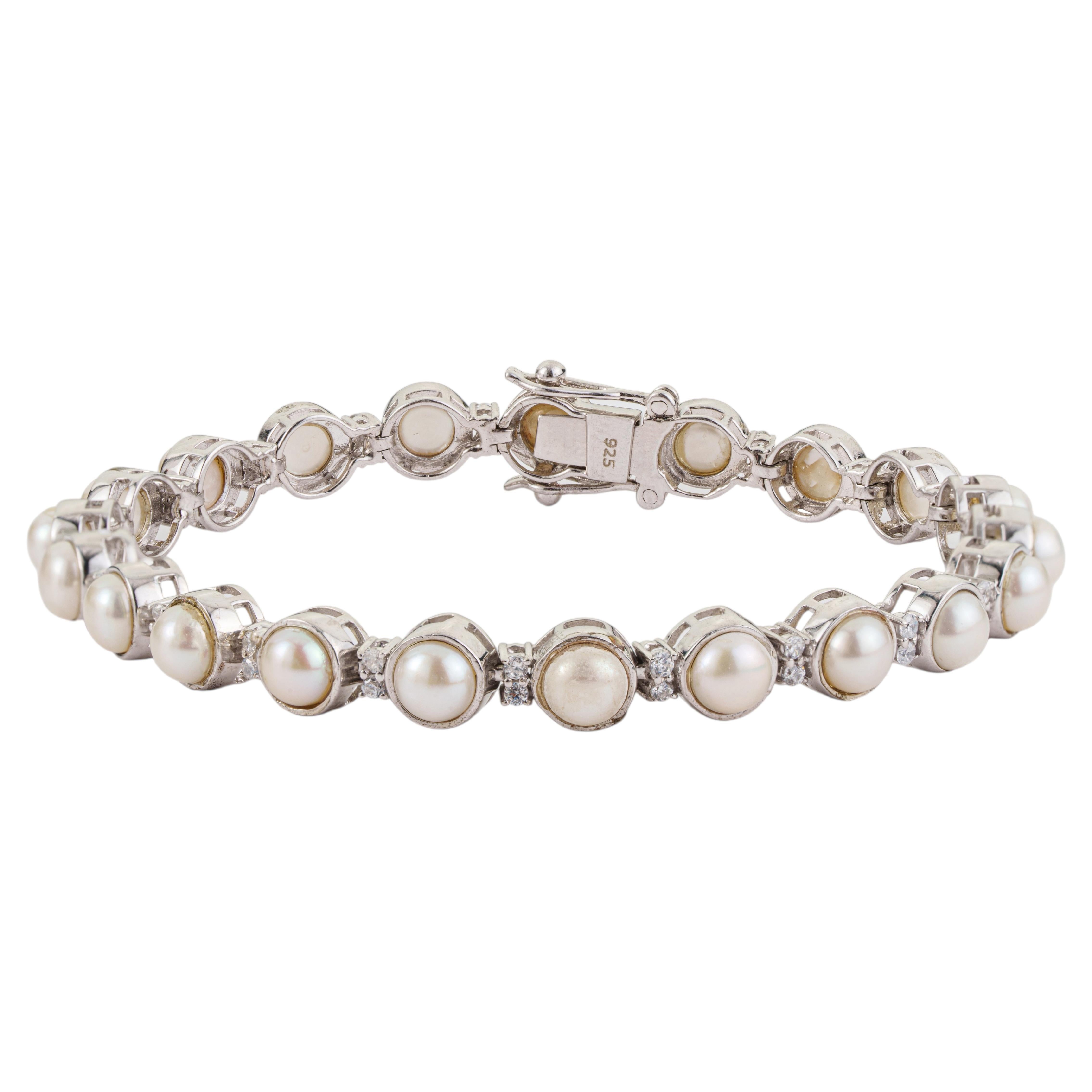 Silvorra Classic Pearl Link Tennis Bracelet with Zircon in 925 Sterling Silver