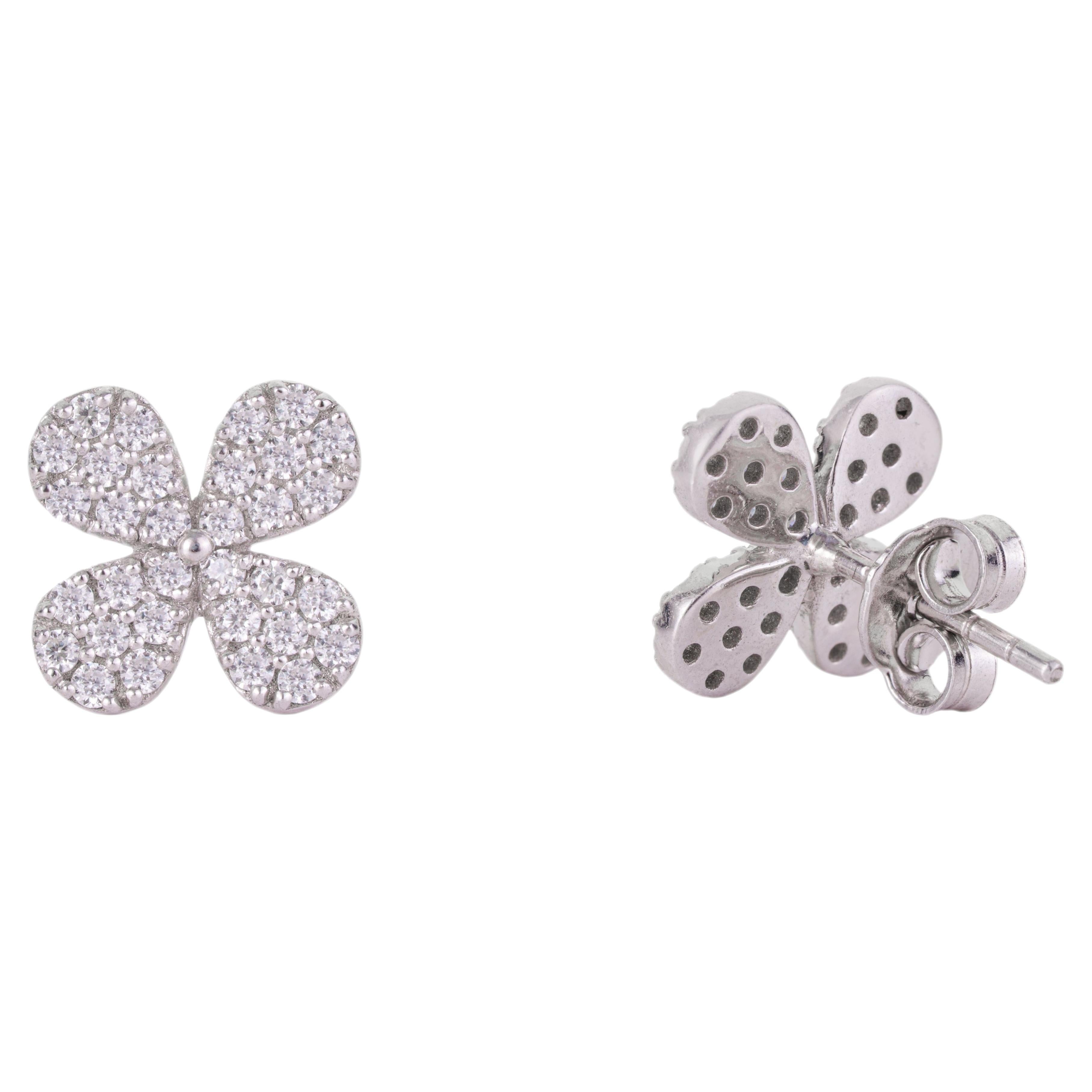 Silvorra Clover Flower Round Cut Moissanite Stud Earrings in 925 Sterling Silver