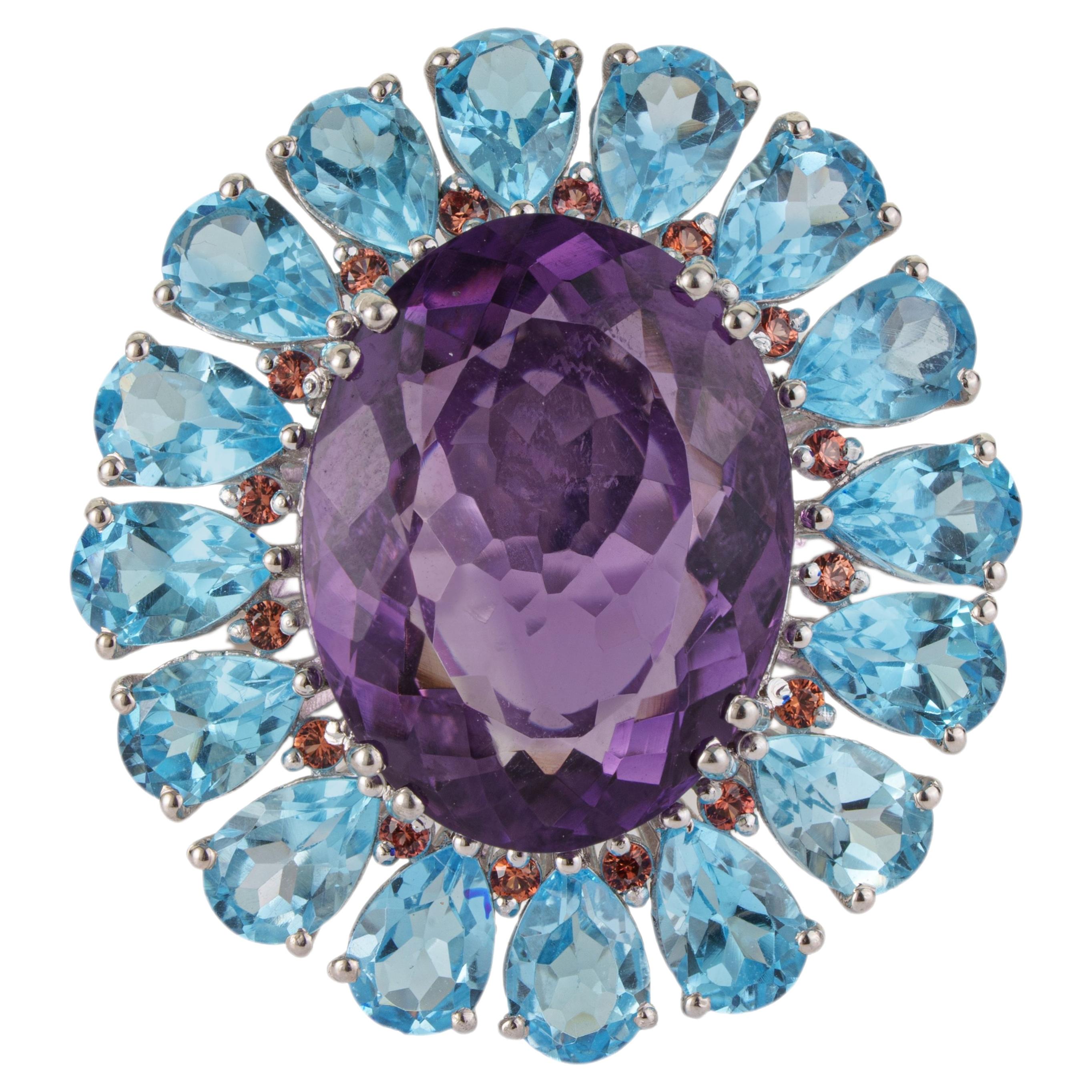 Silvorra Cocktail Amethyst Ring with Orange Sapphire and Blue Topaz in Silver