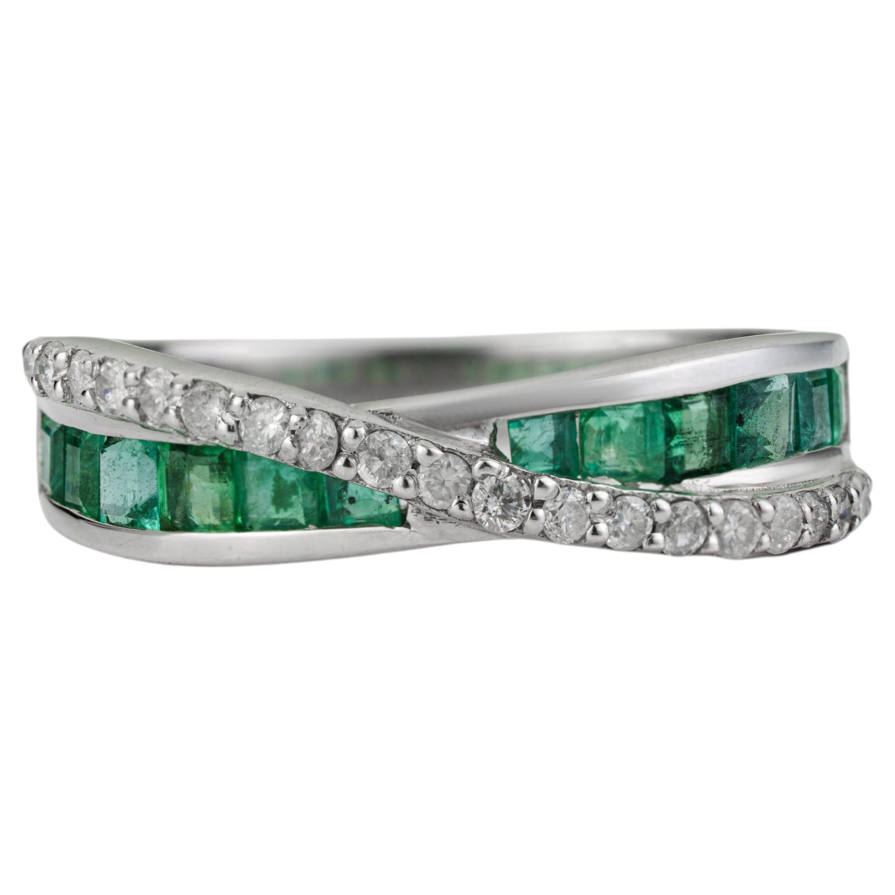 Silvorra Contemporary Emerald and Diamond Crossover Infinity Ring in 925 Silver
