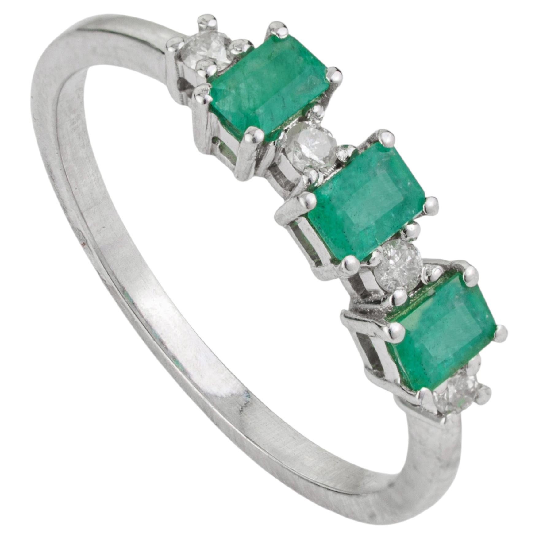 Silvorra Contemporary Emerald & Diamond Stackable Three Stone Ring in 925 Silver