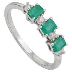 Silvorra Contemporary Emerald & Diamond Stackable Three Stone Ring in 925 Silver