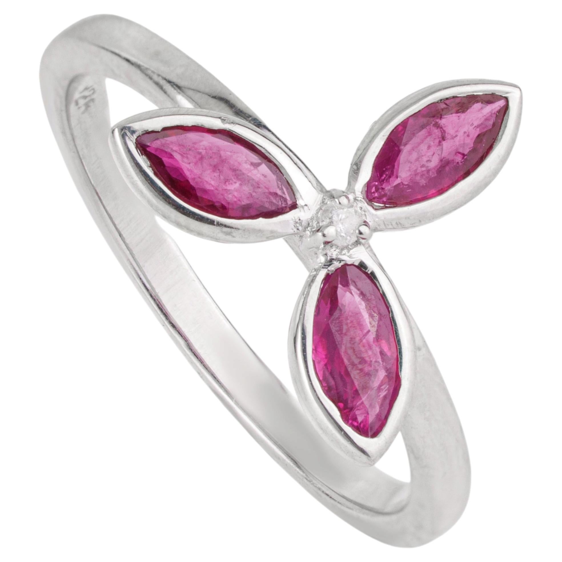 For Sale:  Silvorra Contemporary Marquise Cut Ruby & Diamond Floral Ring in Sterling Silver