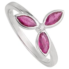 Silvorra Contemporary Marquise Cut Ruby & Diamond Floral Ring in Sterling Silver
