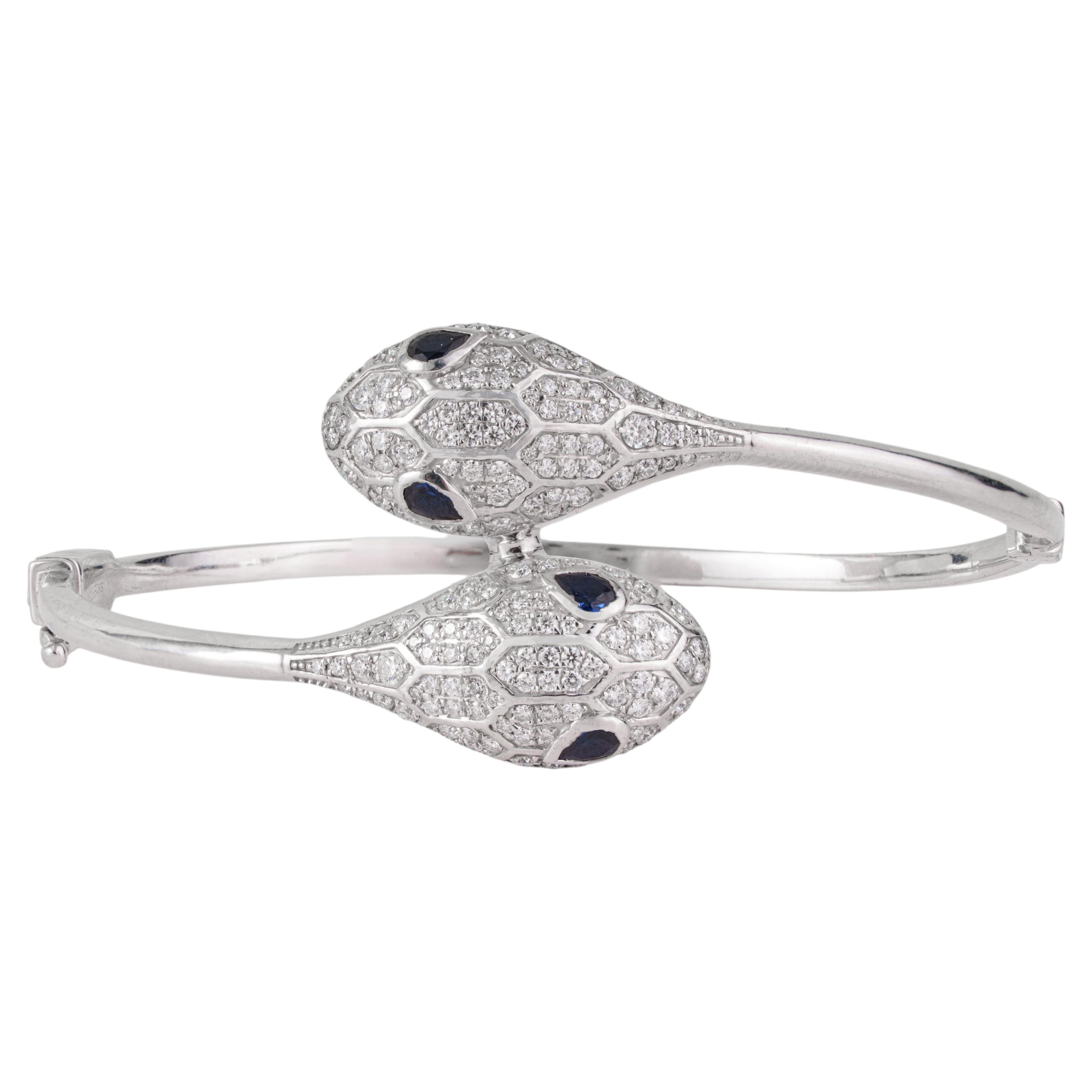 Silvorra Contemporary Sterling Silver Double Snake Pavé Hinged Bangle Bracelet