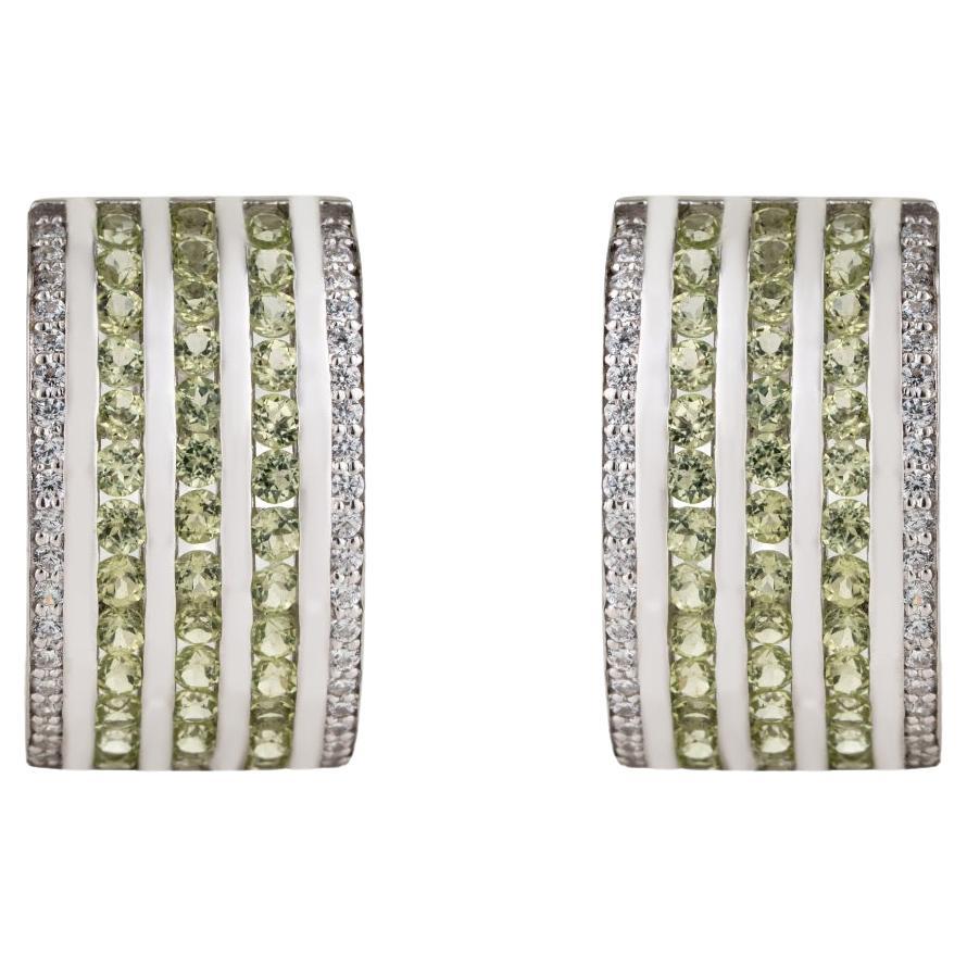 Silvorra Contemporary Vertical Stripe Peridot Zircon Half Silver Hoop Earrings