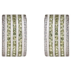 Silvorra Contemporary Vertical Stripe Peridot Zircon Half Silver Hoop Earrings