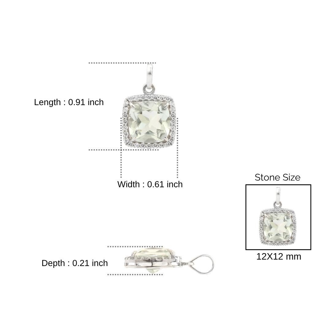 Silvorra Cushion Cut Green Amethyst & White Zircon Pendant in 925 Silver in vendita 4