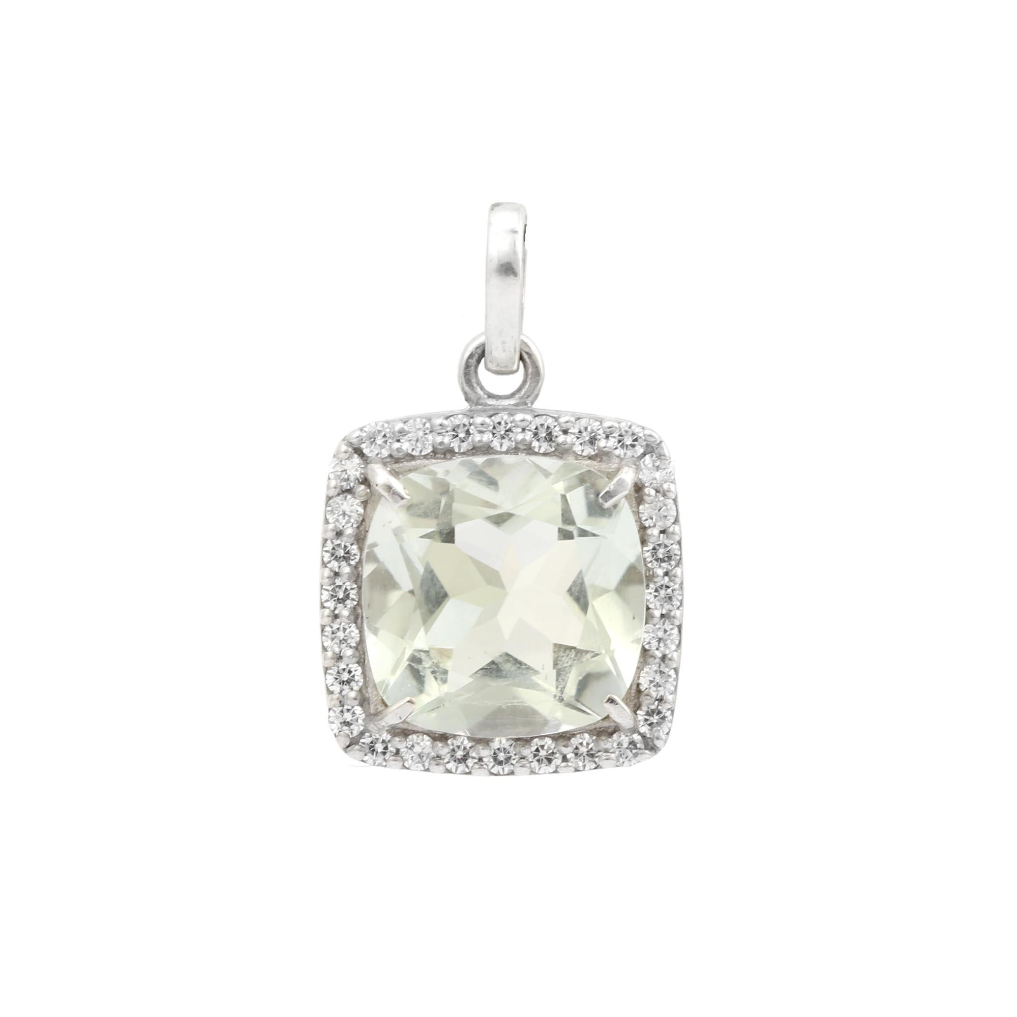 Silvorra Cushion Cut Green Amethyst & White Zircon Pendant in 925 Silver In condizioni Nuovo in vendita a New York, NY