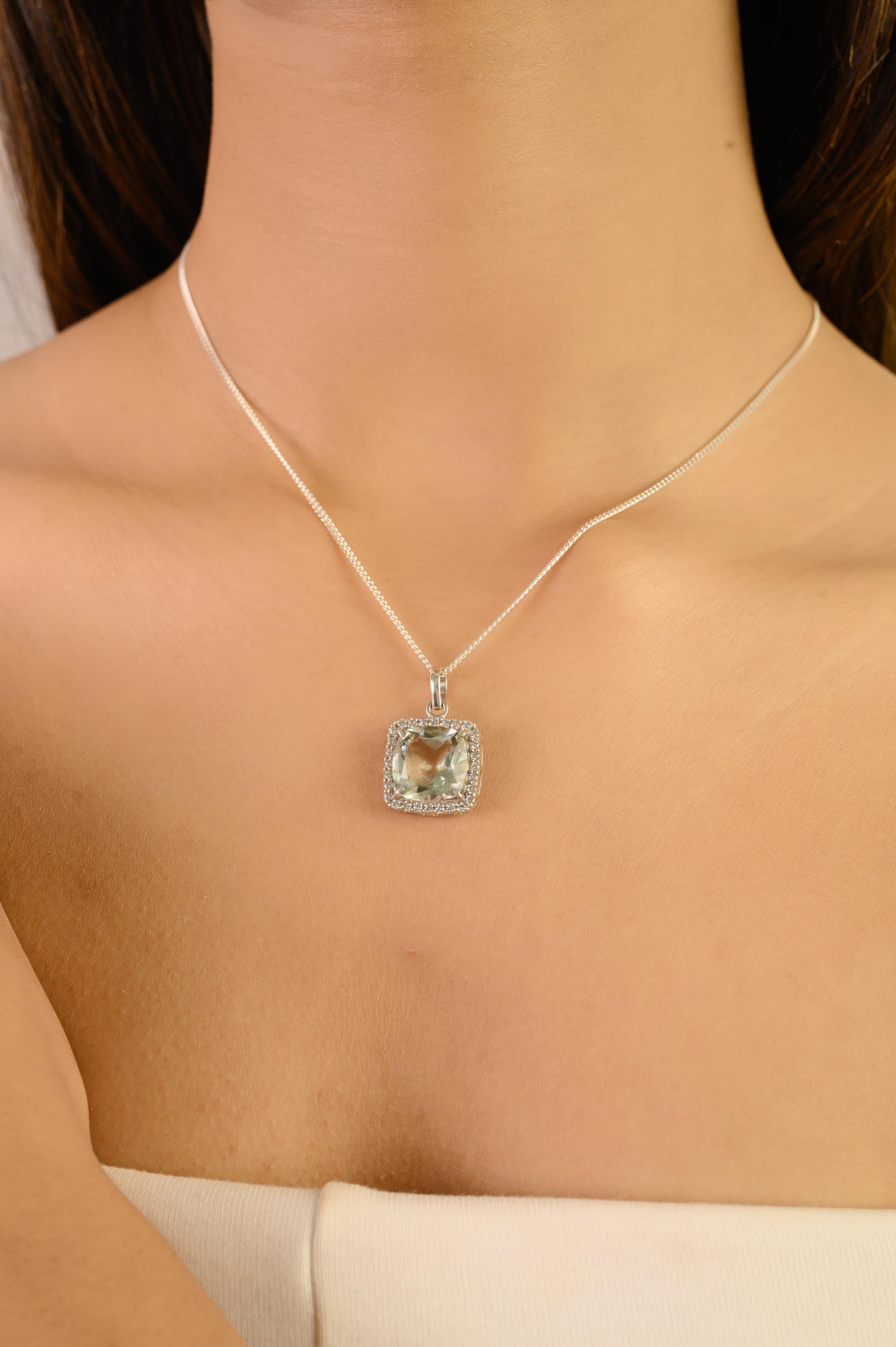 Ciondolo Silvorra con ametista verde e zircone bianco taglio cuscino in argento 925 in vendita 2