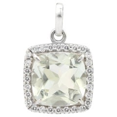 Silvorra Cushion Cut Green Amethyst & White Zircon Pendant in 925 Silver