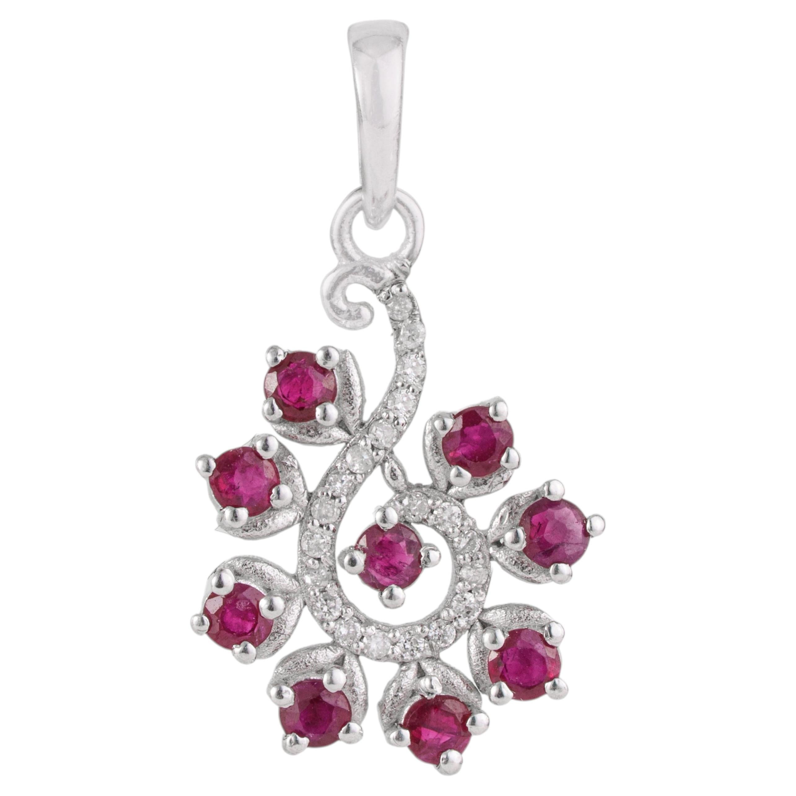 Silvorra Dainty Round Cut Ruby Diamond Floral Swirl Pendant in 925 Solid Silver For Sale