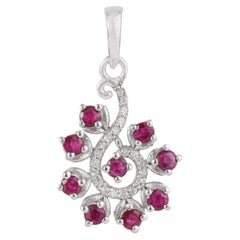 Silvorra Dainty Round Cut Ruby Diamond Floral Swirl Pendant in 925 Solid Silver
