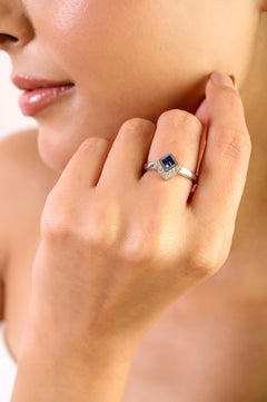 Silvorra Deep Blue Sapphire Princess-Cut Cluster Ring with Diamonds Jewelry Gift