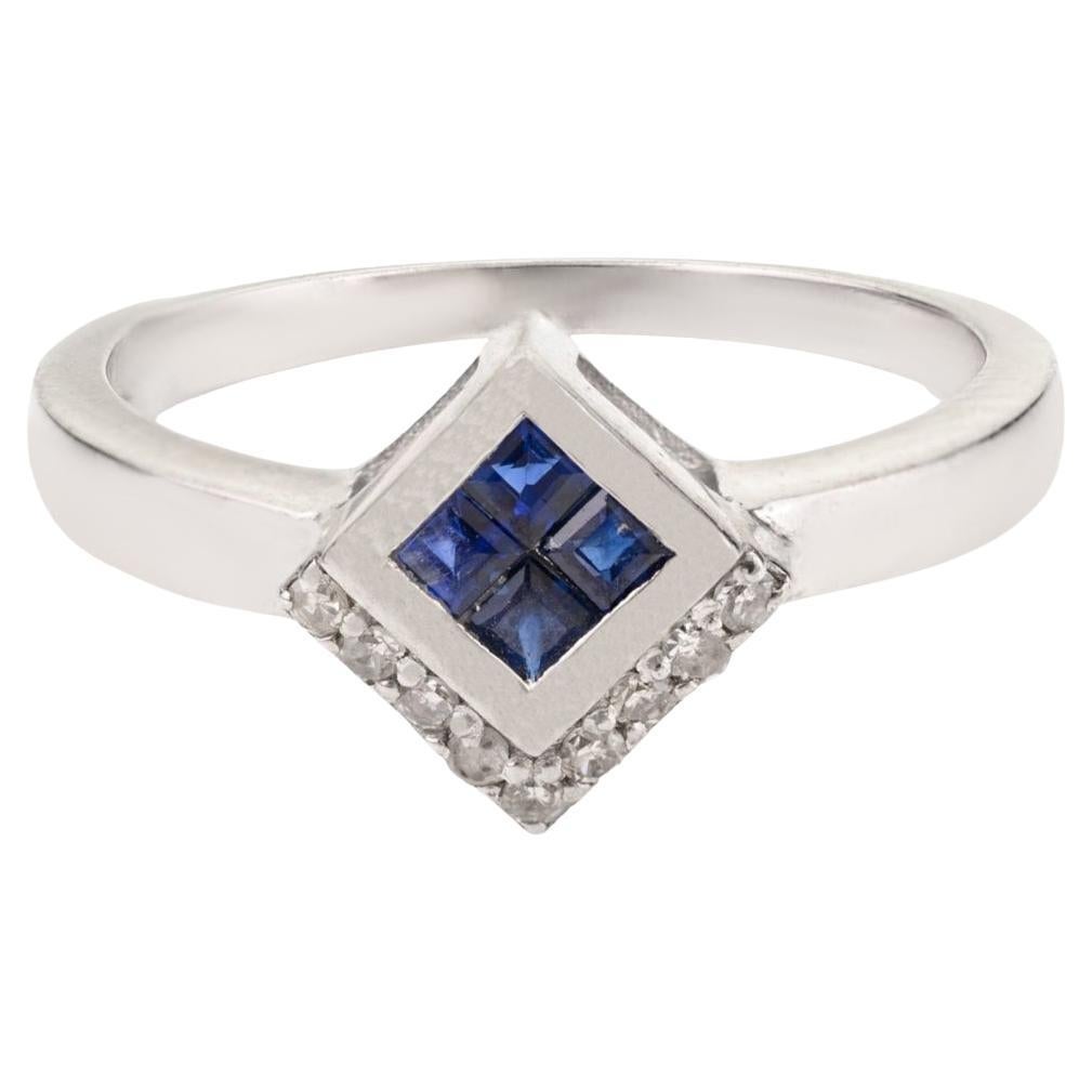 For Sale:  Silvorra Deep Blue Sapphire Princess-Cut Cluster Ring with Diamonds Jewelry Gift