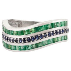 Silvorra Designer Natural Emerald 
Blue Sapphire Wave Band Ring for Women Gift