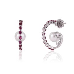 Silvorra Designer Pear Cut Ruby & Floating Pearl Sterling Silver C Hoop Earrings